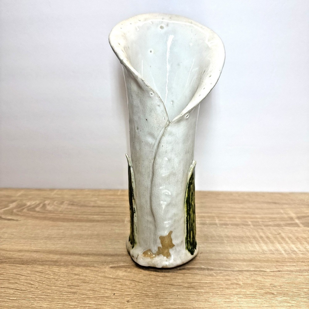 Ugly Pottery Calla Lily Vase Handmade White Green Ceramic Folk Art 10 Inch